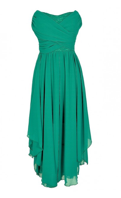 Dana Strapless Chiffon and Lace Midi Dress in Jade